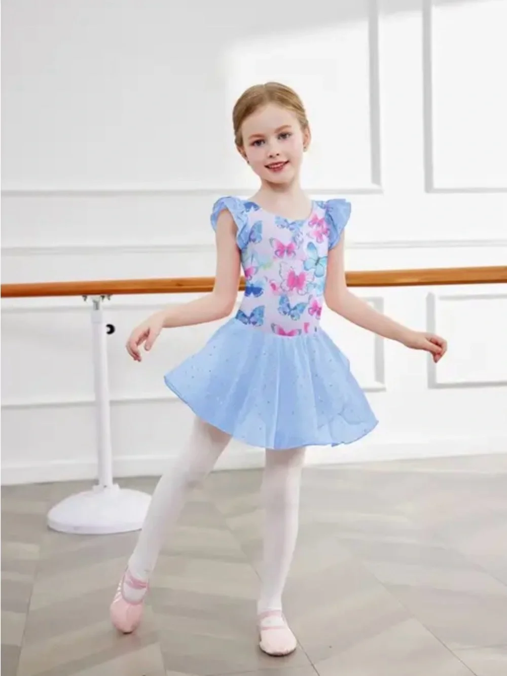 Zaclotre Girls Blue Butterfly Dance Costume Leotard with Skirt